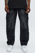 Relaxed Straight Rugged Fray Jeans - Black Wash