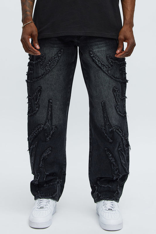 Relaxed Straight Rugged Fray Jeans - Black Wash