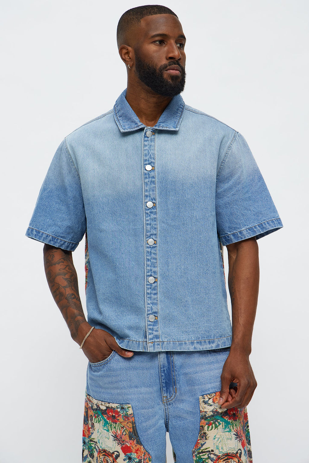 Relaxed Ansel Tapestry Denim Short Sleeve Shirt - Blue/combo