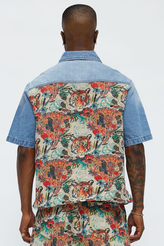 Relaxed Ansel Tapestry Denim Short Sleeve Shirt - Blue/combo