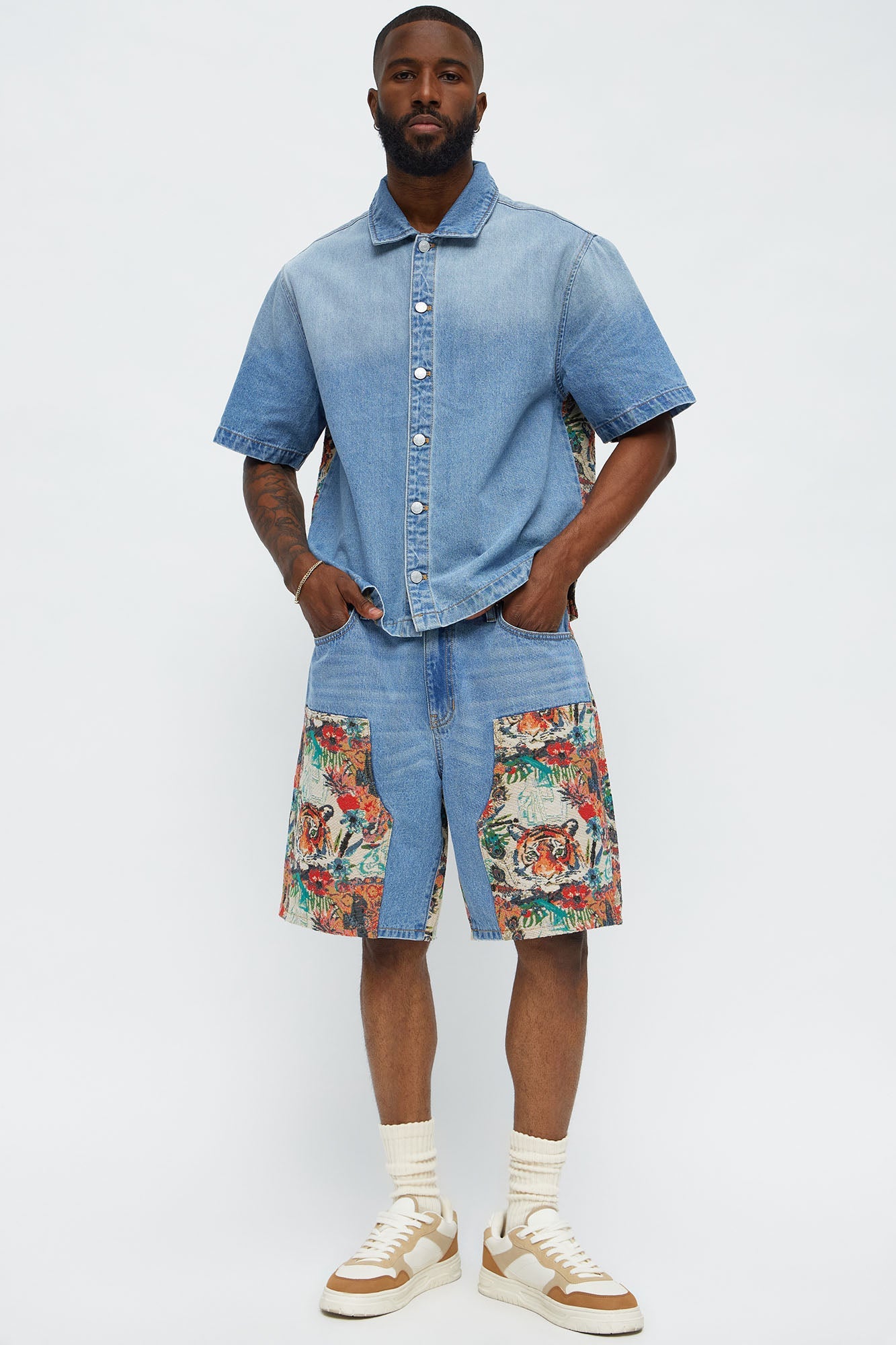 Relaxed Ansel Tapestry Carpenter Denim Shorts - Blue/combo