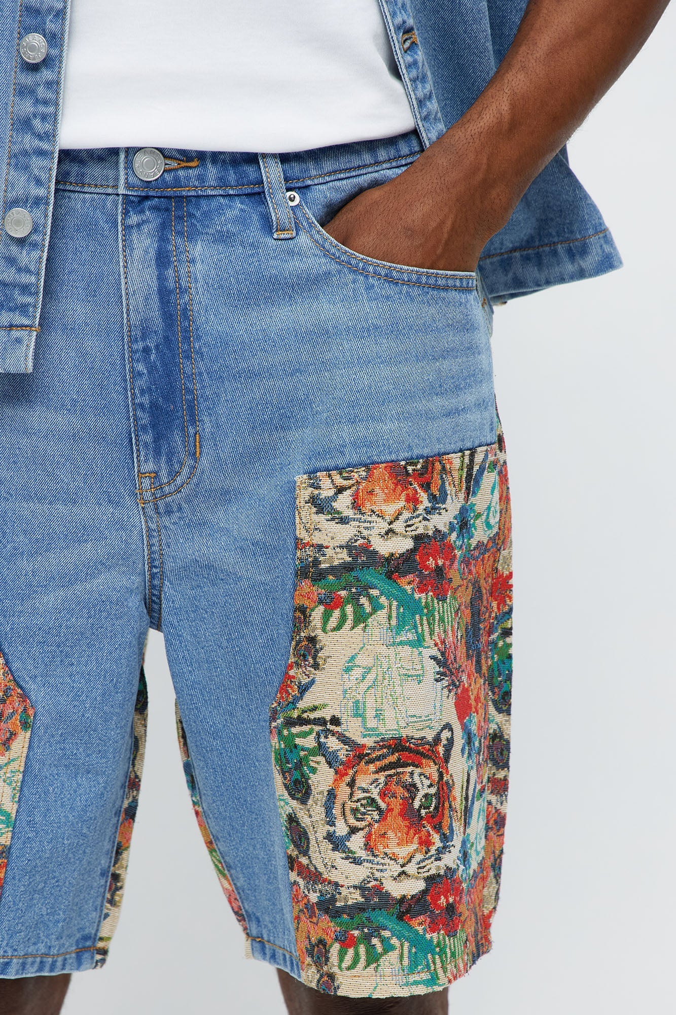 Relaxed Ansel Tapestry Carpenter Denim Shorts - Blue/combo