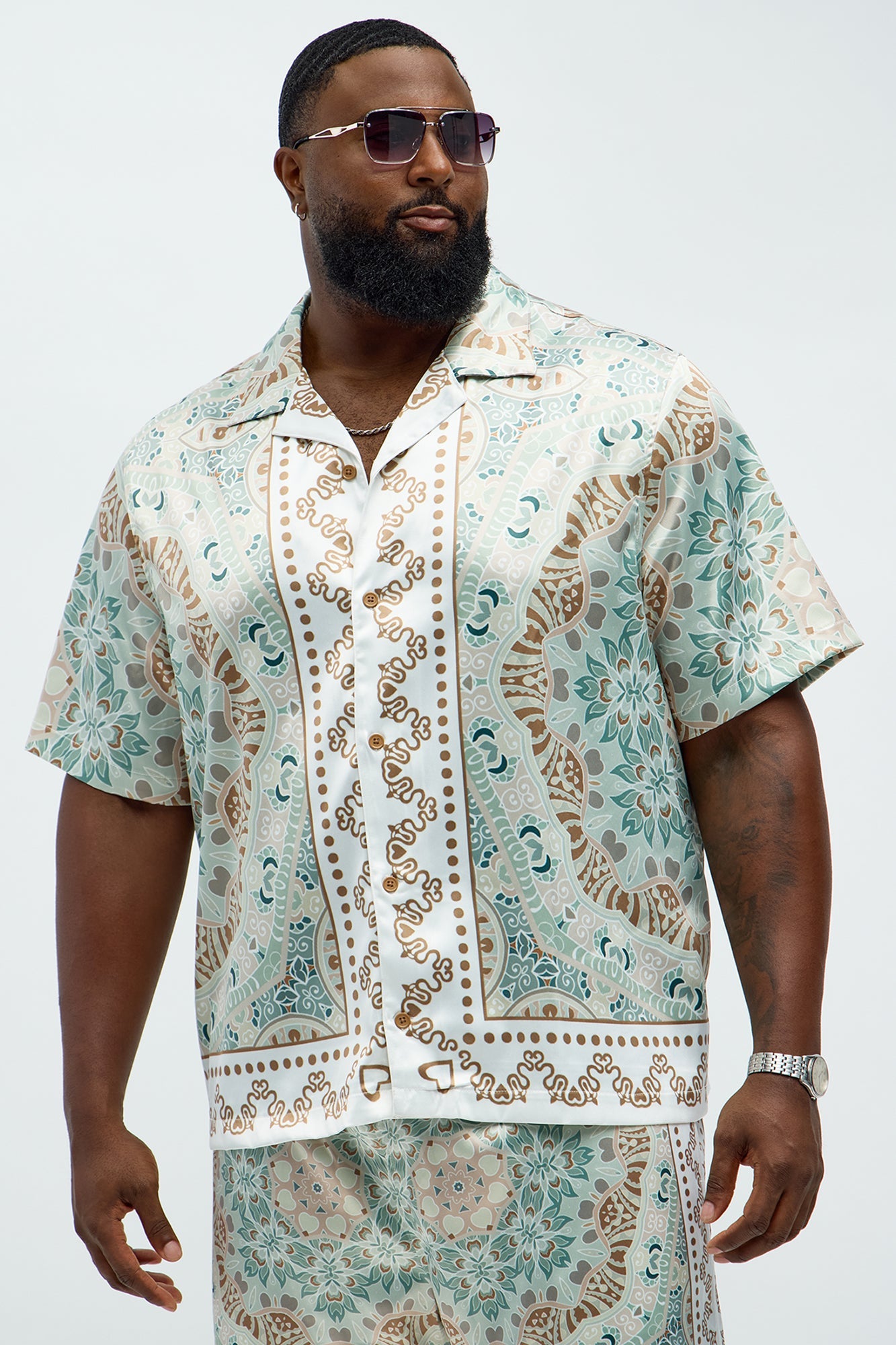 Green Love Button Up Shirt - Sage/combo