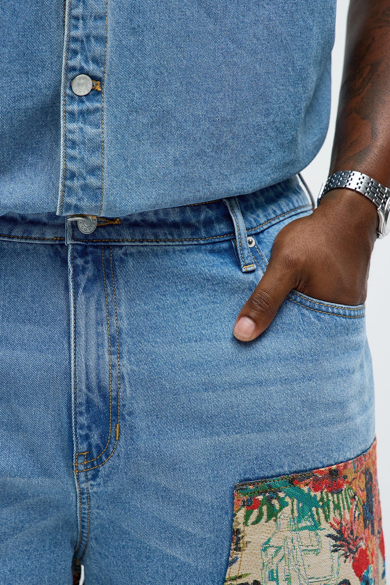 Relaxed Ansel Tapestry Carpenter Denim Shorts - Blue/combo