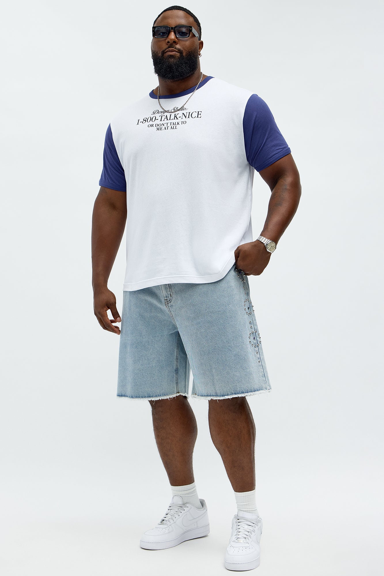 Relaxed Come In Clutch Studded Denim Shorts - Light Blue Wash