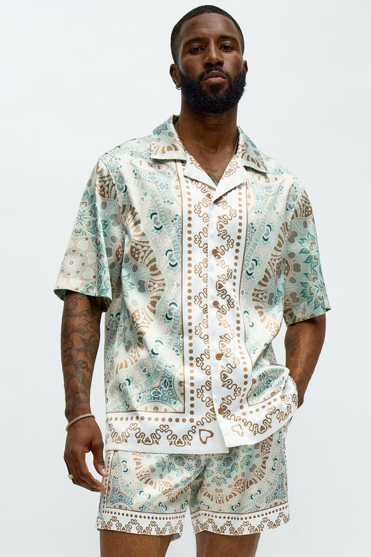Green Love Button Up Shirt - Sage/combo