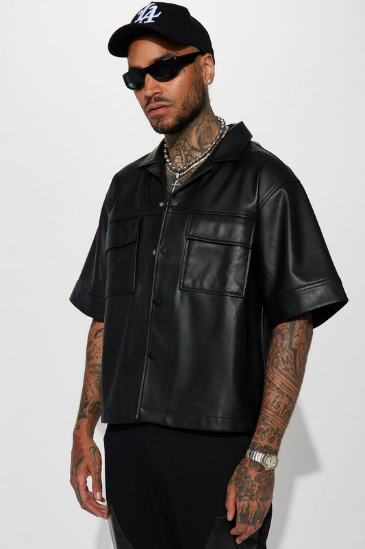 Cropped High Stepper Faux Leather Button Up Shirt - Black