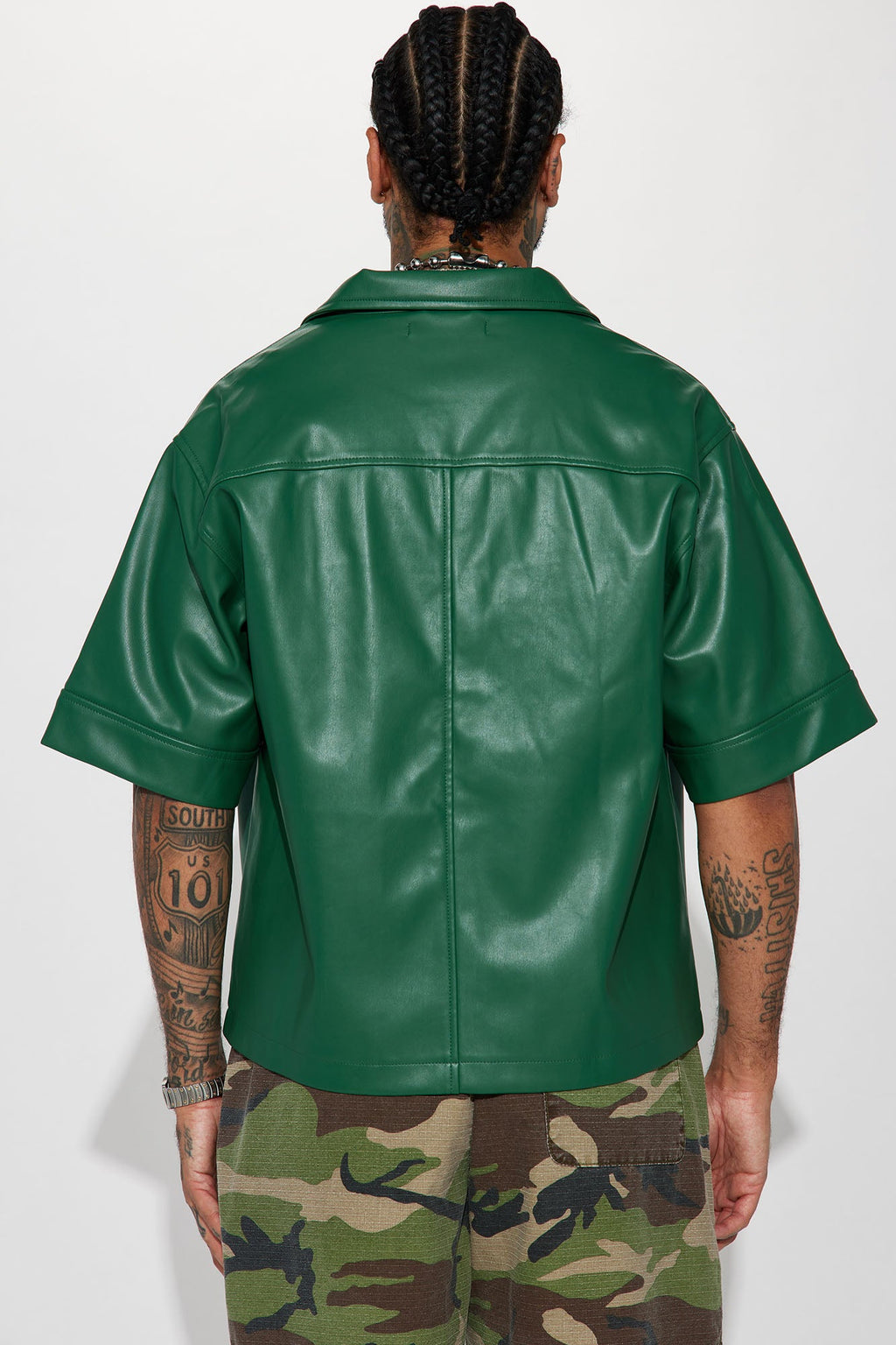 Cropped High Stepper Faux Leather Button Up Shirt - Hunter