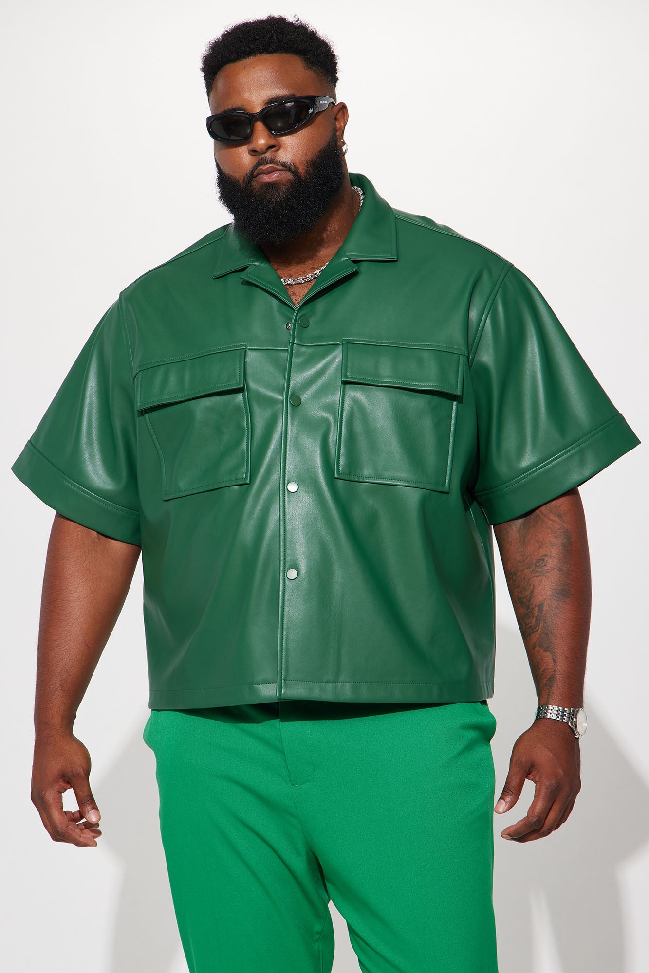 Cropped High Stepper Faux Leather Button Up Shirt - Hunter