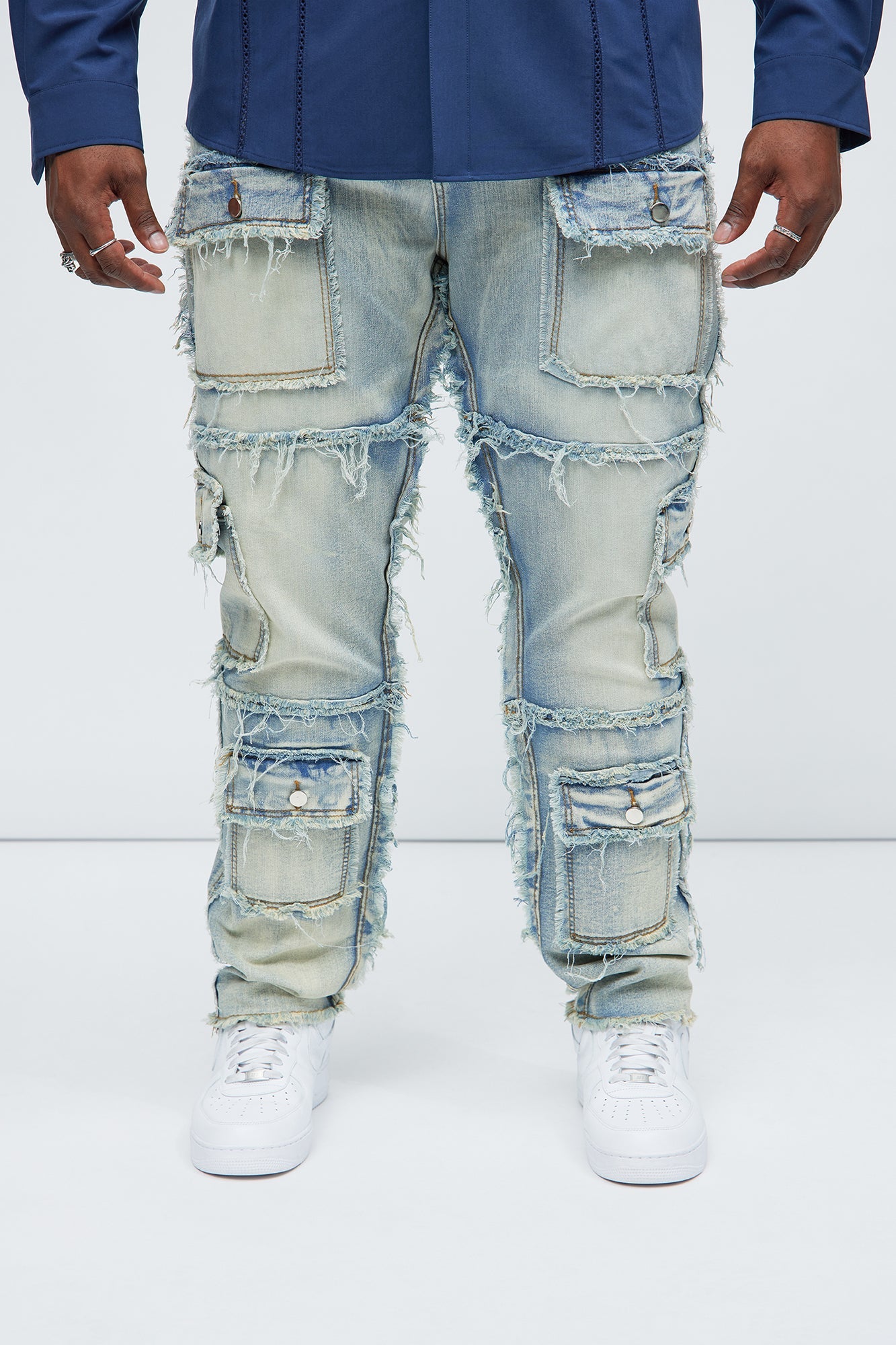 One Way Cargo Frayed Straight Jeans - Medium Wash
