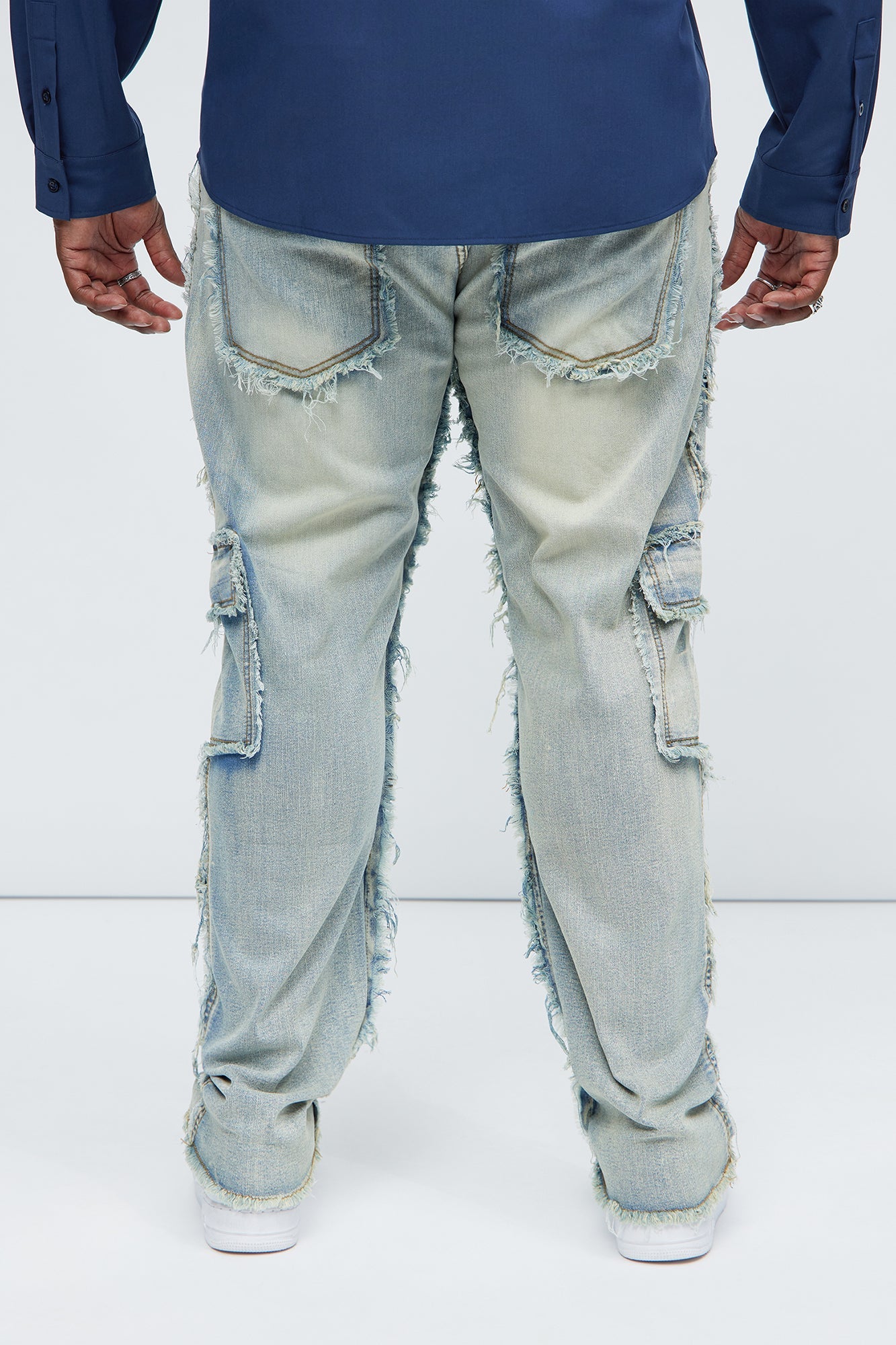 One Way Cargo Frayed Straight Jeans - Medium Wash