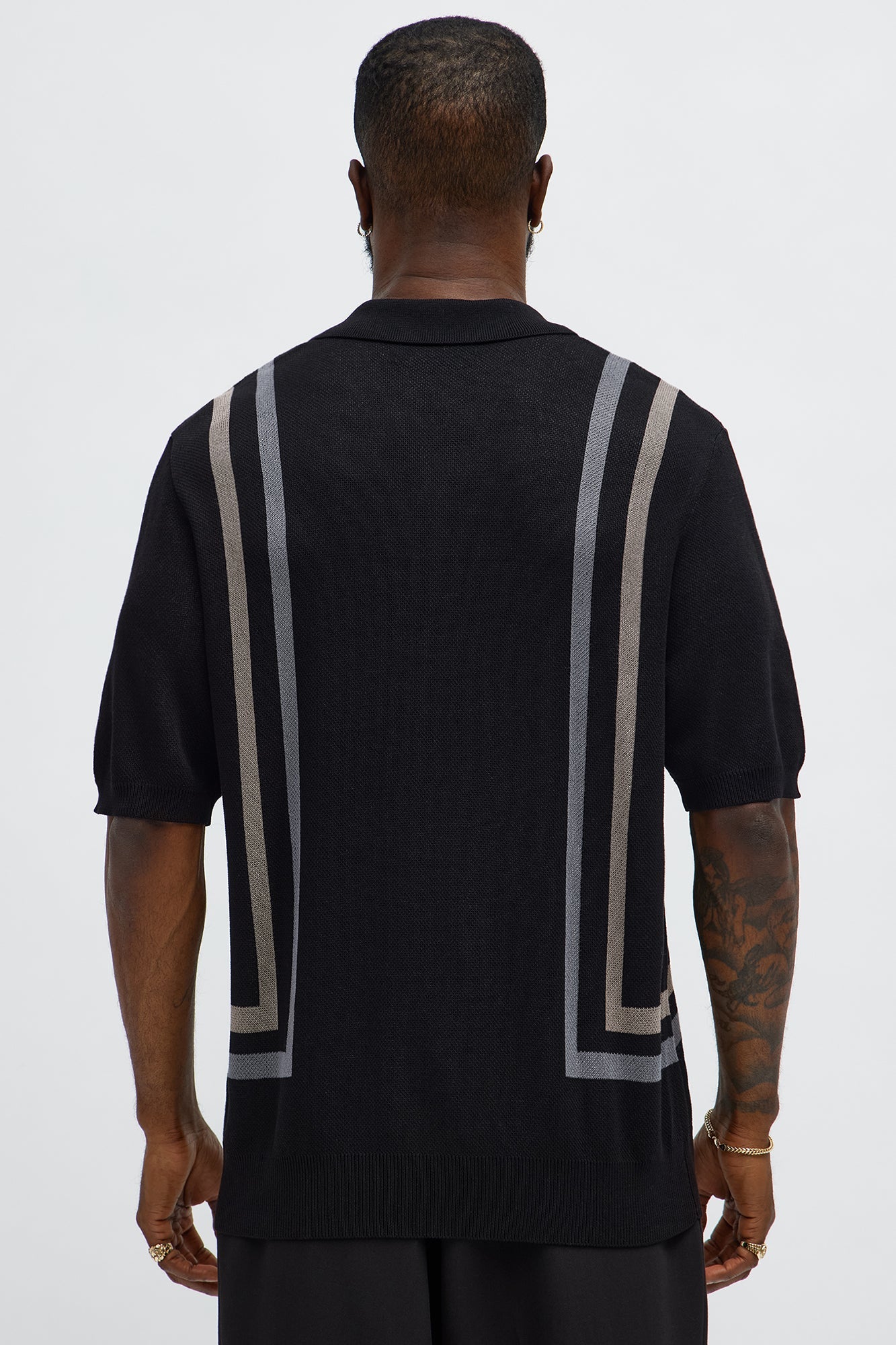Seeing Lines Knit Johnny Collar Shirt - Black/combo