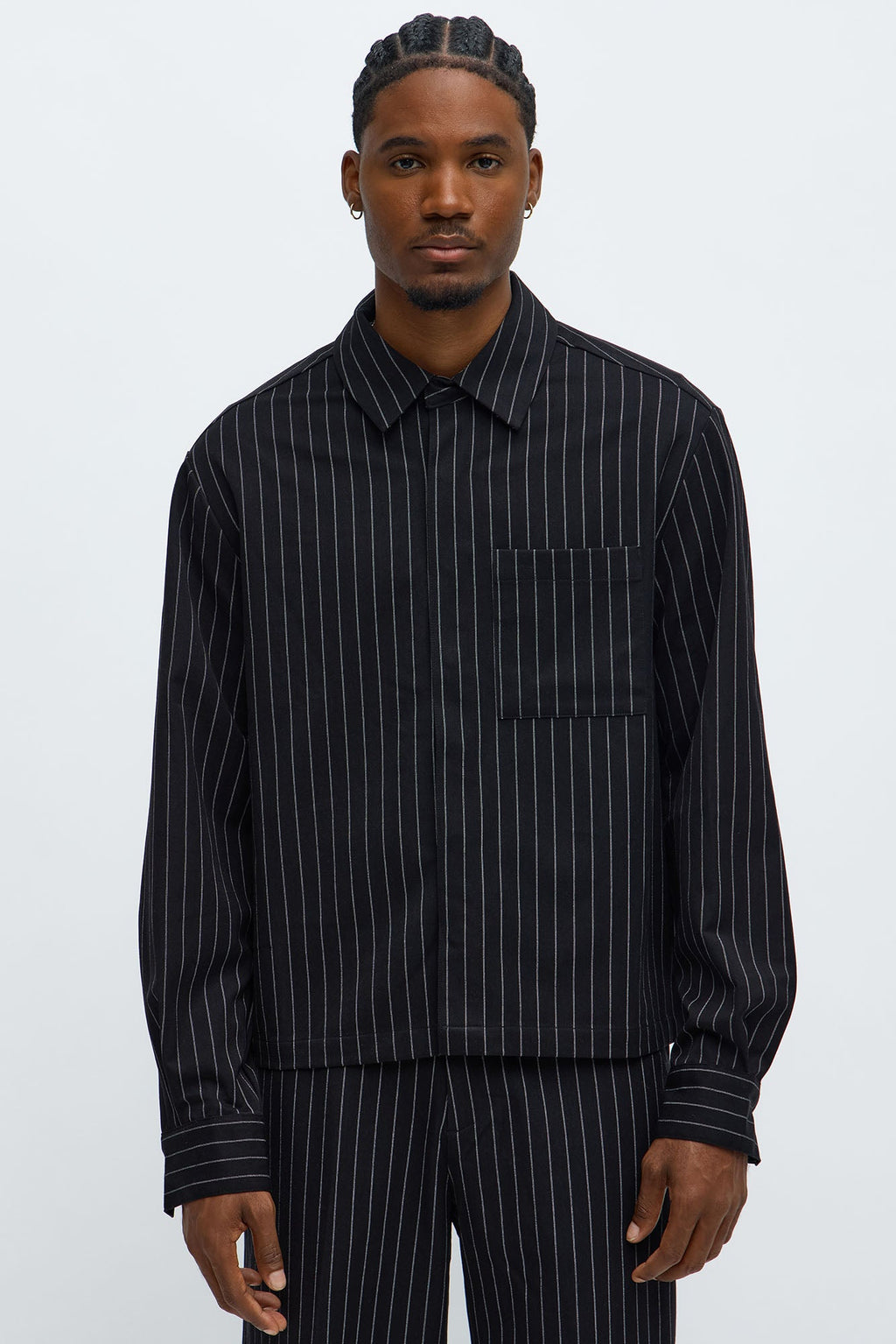 Cropped Striped Button Up Shirt - Black