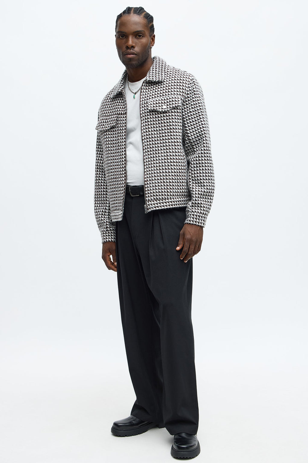Textured Geometric Zip Jacket - Brown/combo