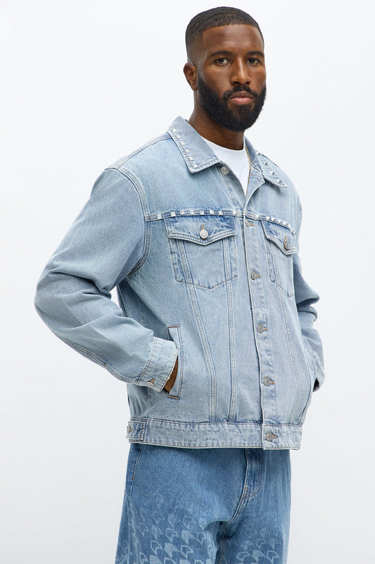 Not The Bad Guy Studded Trucker Jacket - Light Blue Wash