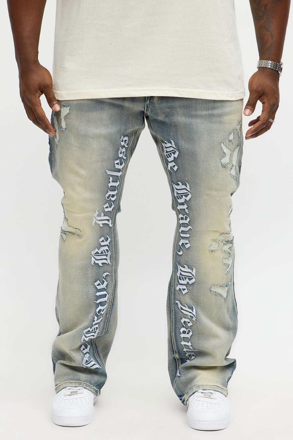 Stacked Skinny Flare Be Brave Be Fearless Embridered Jean - Vintage Blue Wash
