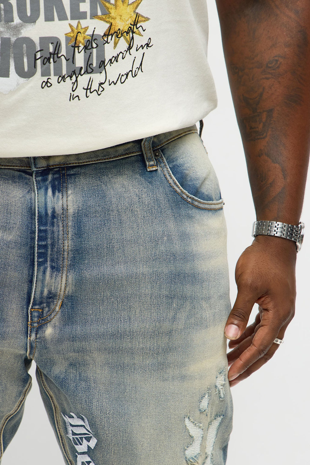 Stacked Skinny Flare Be Brave Be Fearless Embridered Jean - Vintage Blue Wash