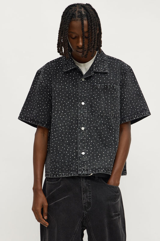 Cropped Embellished Denim Button Up Shirt - Black Wash