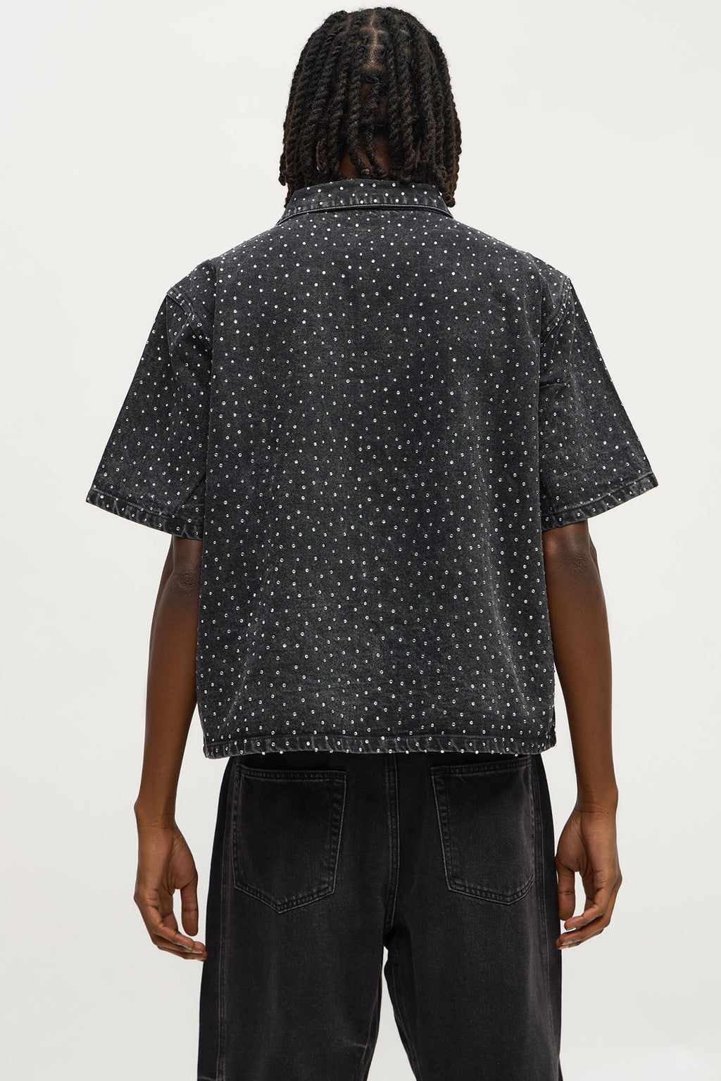 Cropped Embellished Denim Button Up Shirt - Black Wash