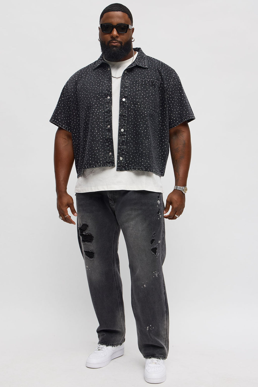 Cropped Embellished Denim Button Up Shirt - Black Wash