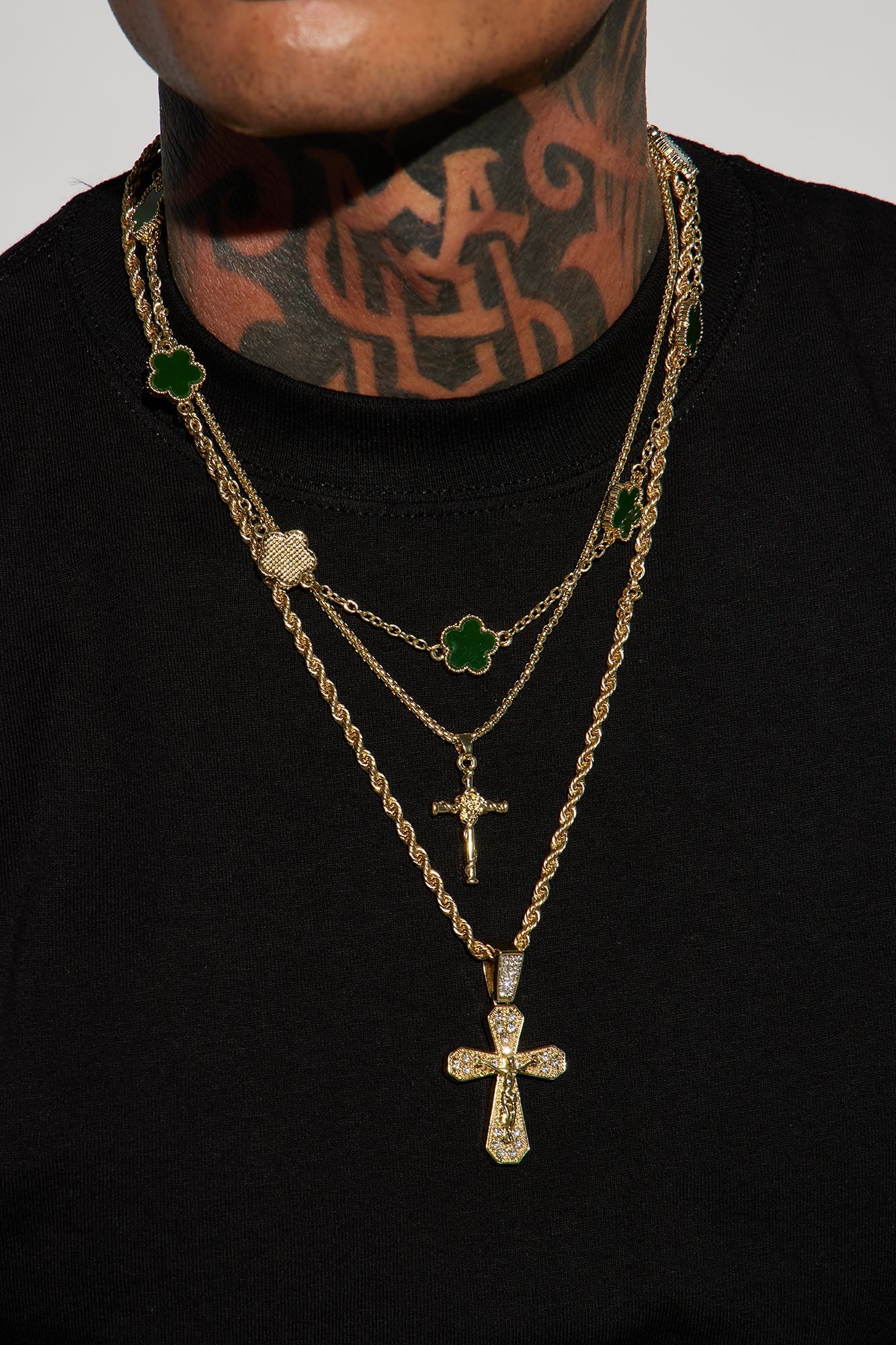 Lucky Cross Clover 3 Piece Chain Necklace - Gold