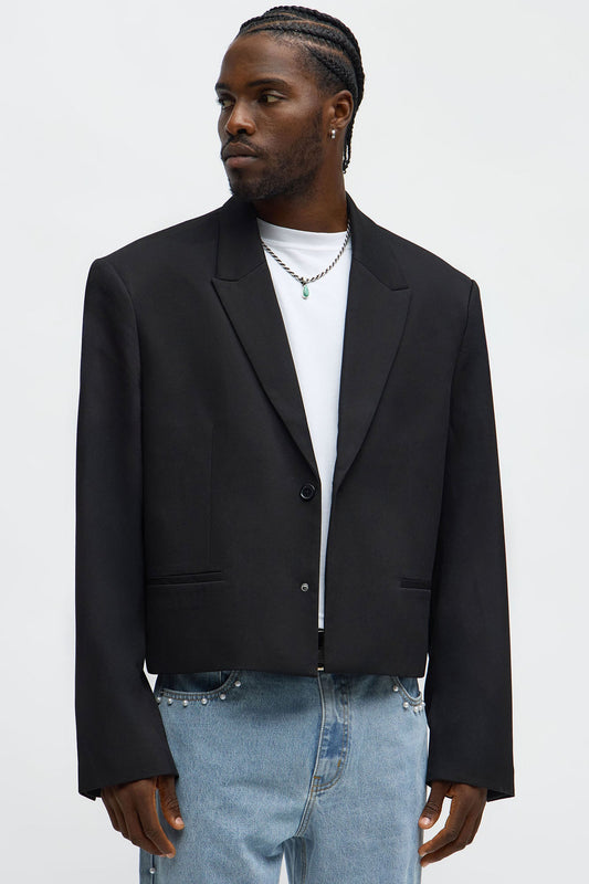 Gabardine Super Cropped Single Breasted Blazer - Black