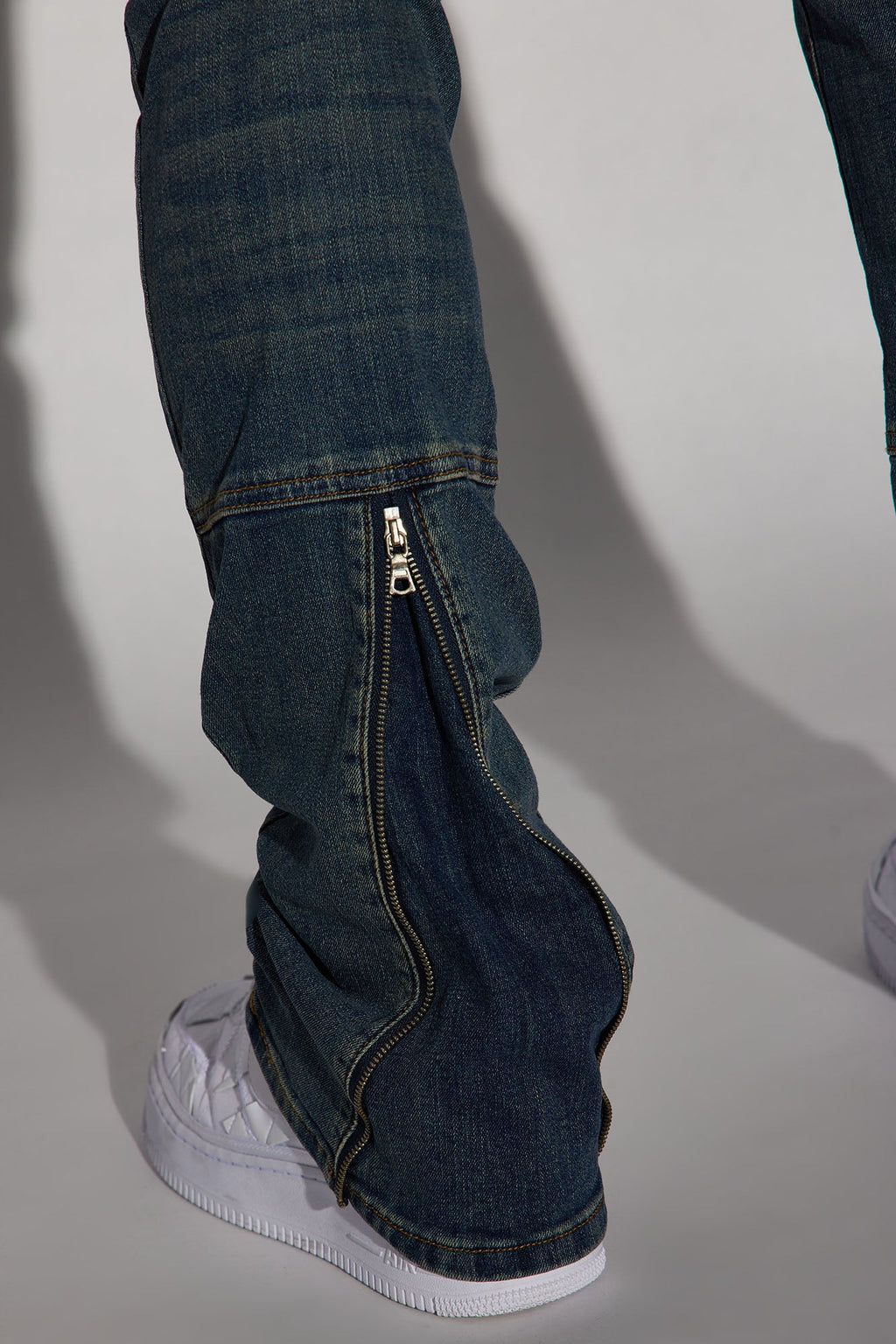 Drop Top Back Zip Stacked Skinny Jeans - Vintage Blue Wash