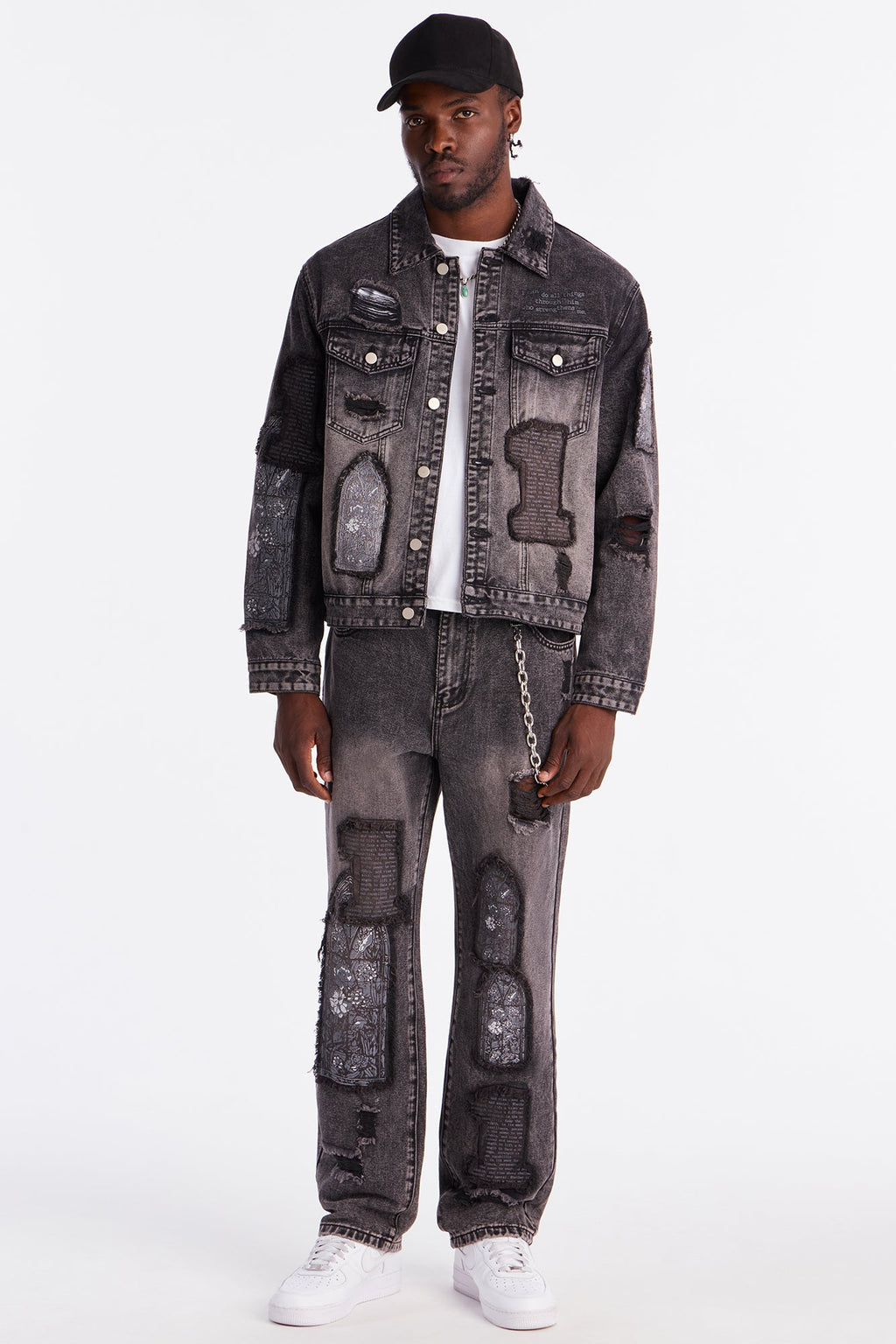 In Due Time Patched Distressed Denim Trucker Jacket - Black Wash