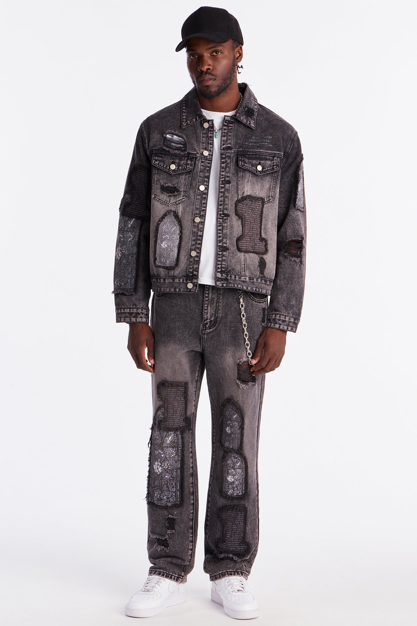 In Due Time Patched Distressed Denim Trucker Jacket - Black Wash