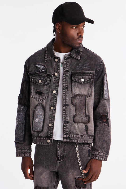 In Due Time Patched Distressed Denim Trucker Jacket - Black Wash