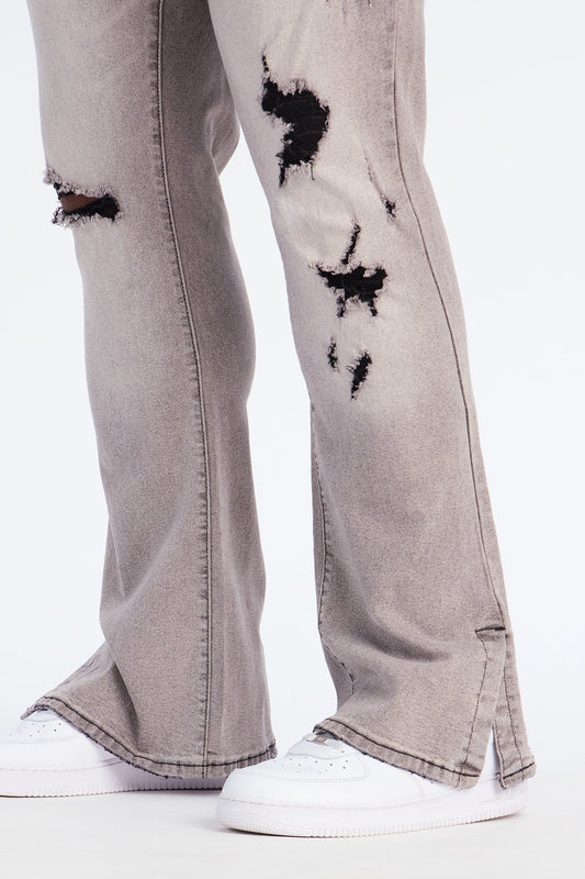 Stacked Skinny Flare Slit Dare Me Distressed Jean - Grey