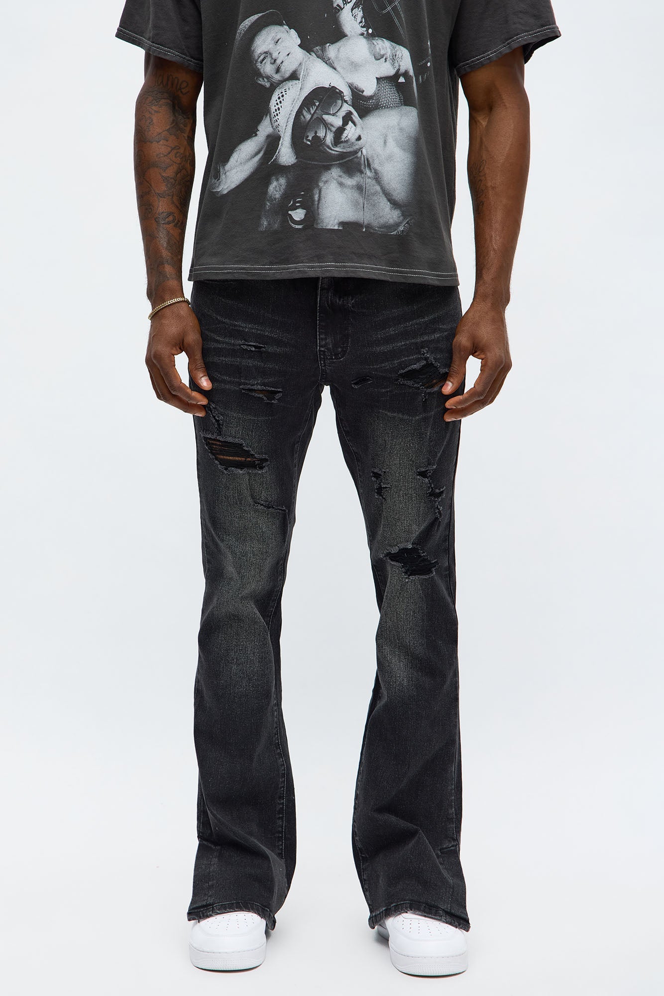 Stacked Skinny Flare Slit Let's Go Distressed Jean - Black Wash