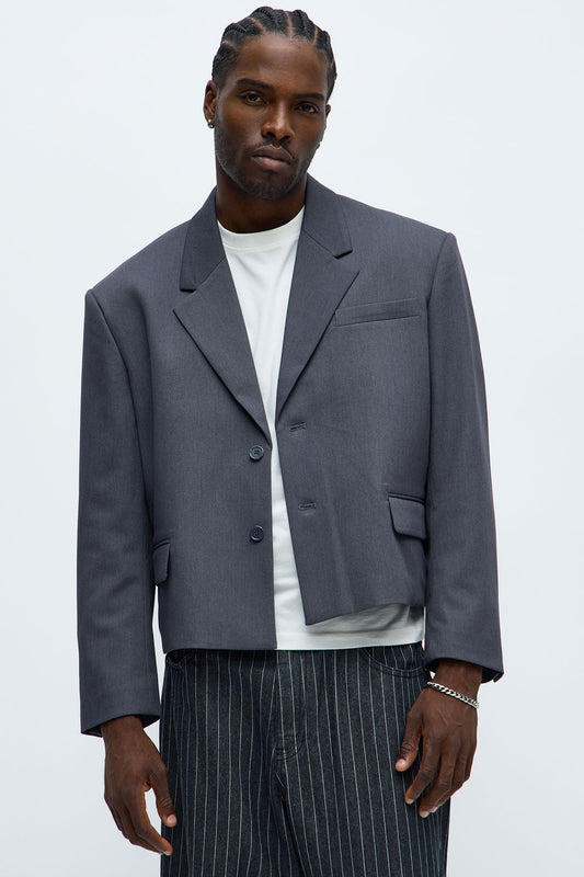 Gabardine Boxy Cropped Single Breasted Blazer - Charcoal