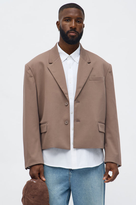 Gabardine Boxy Cropped Single Breasted Blazer - Taupe
