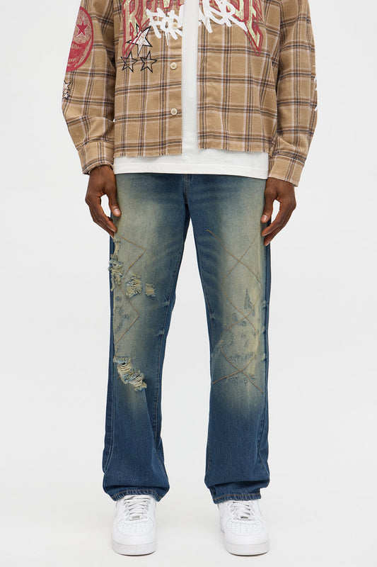 Straight With Stitches Distressed Jean - Vintage Blue Wash