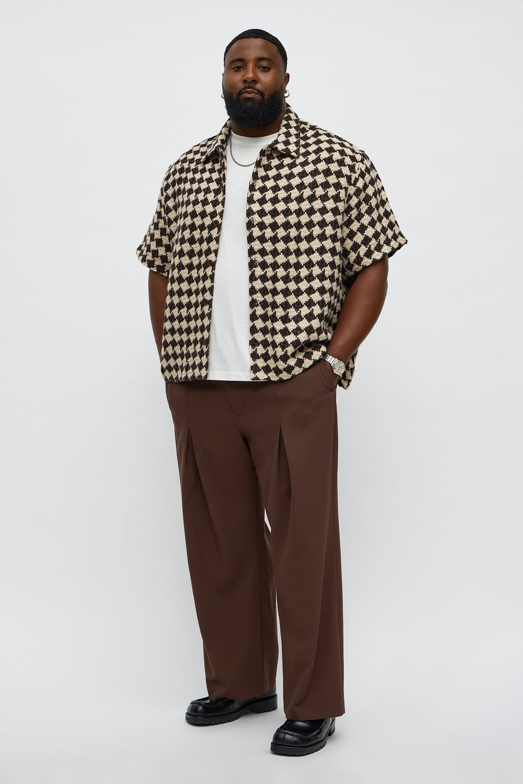 Boxy Cropped Mosaic Button Up Shirt - Brown