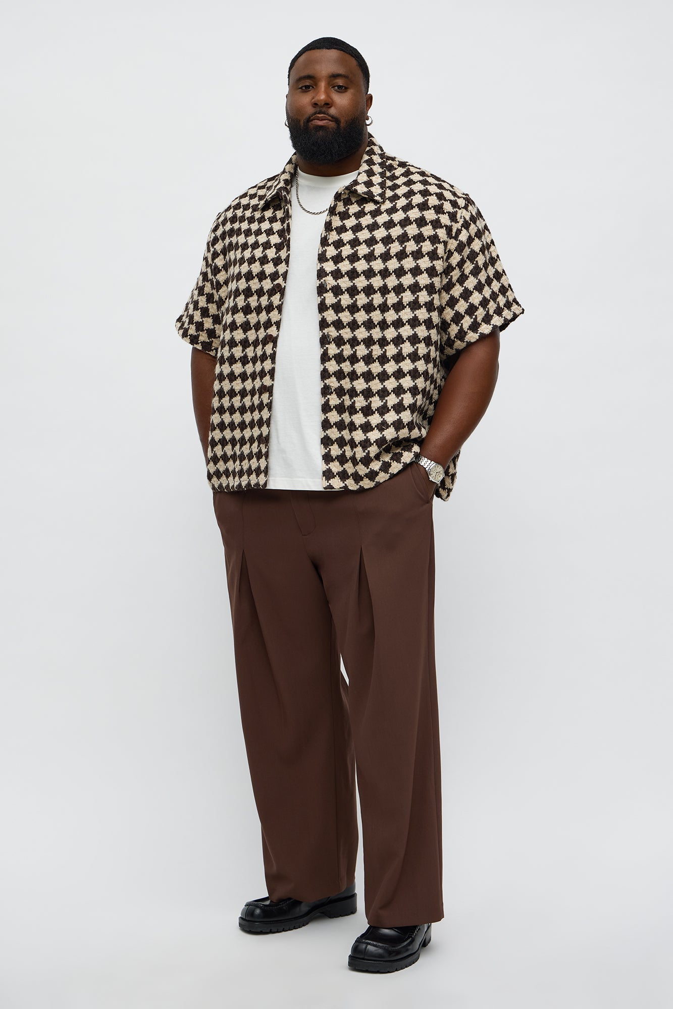Boxy Cropped Mosaic Button Up Shirt - Brown