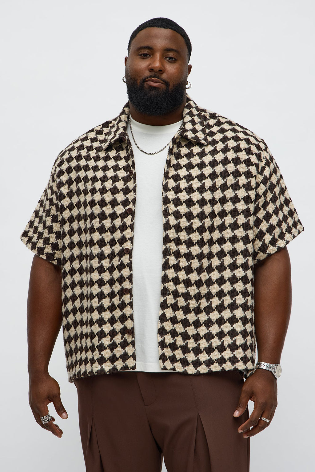 Boxy Cropped Mosaic Button Up Shirt - Brown