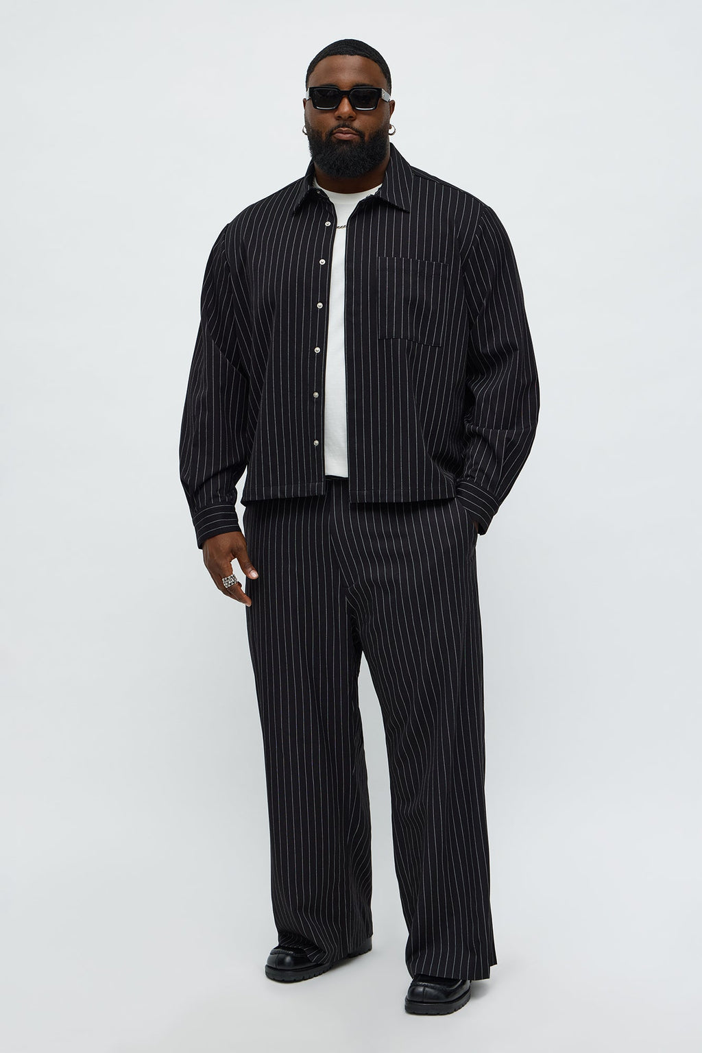 Cropped Striped Button Up Shirt - Black