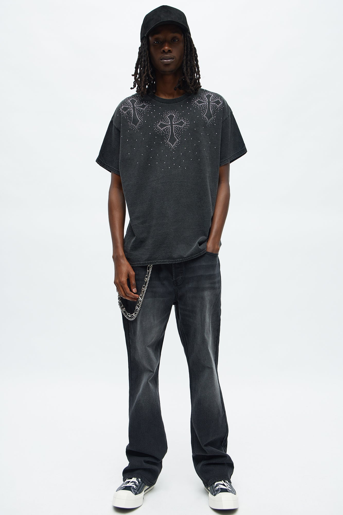 Cross Rhinestones Oversized Short Sleeve Tee - Black