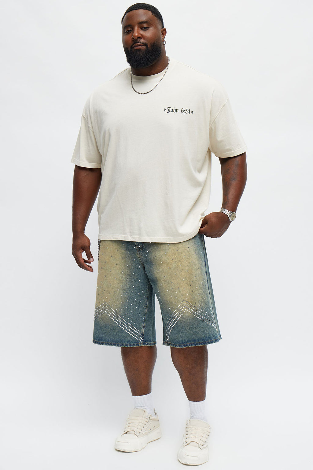 Baggy Notch Jeweled Denim Short - Vintage Blue Wash