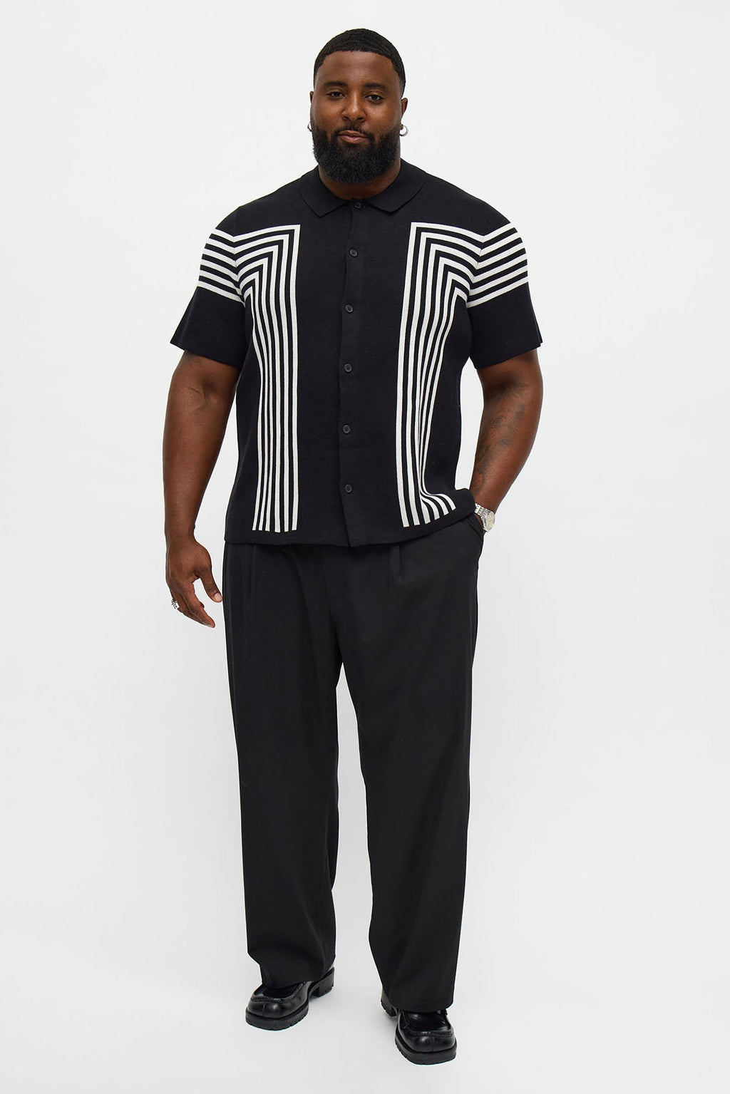 All Of The Lines Button Up Knit Polo Shirt - Black/combo