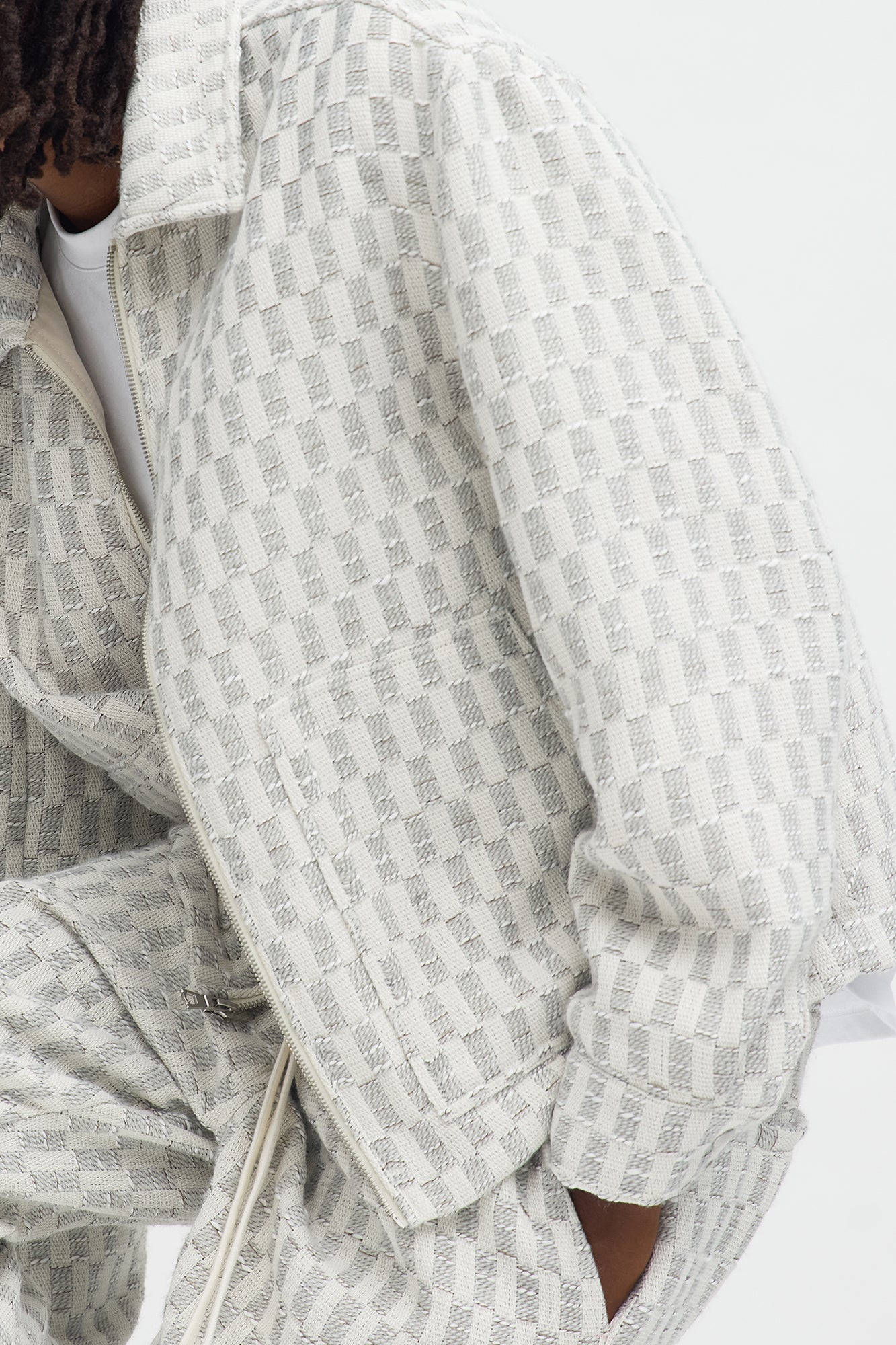 Relaxed Cropped Checker Work Jacket - Cream