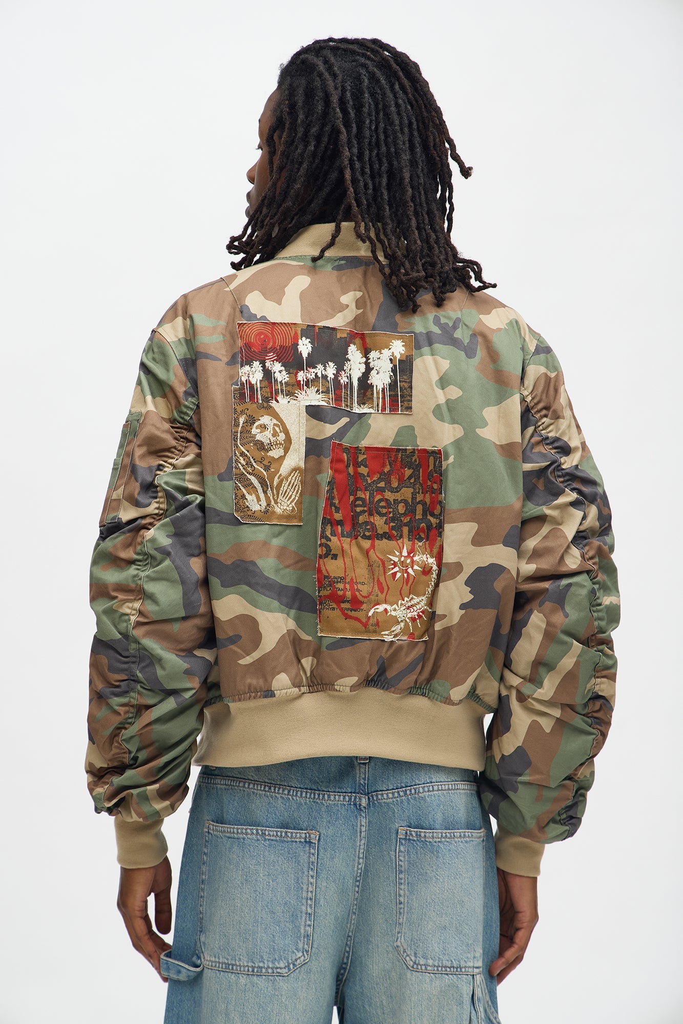 Oversized Padded Distressed Patched Bomber Jacket - Camouflage