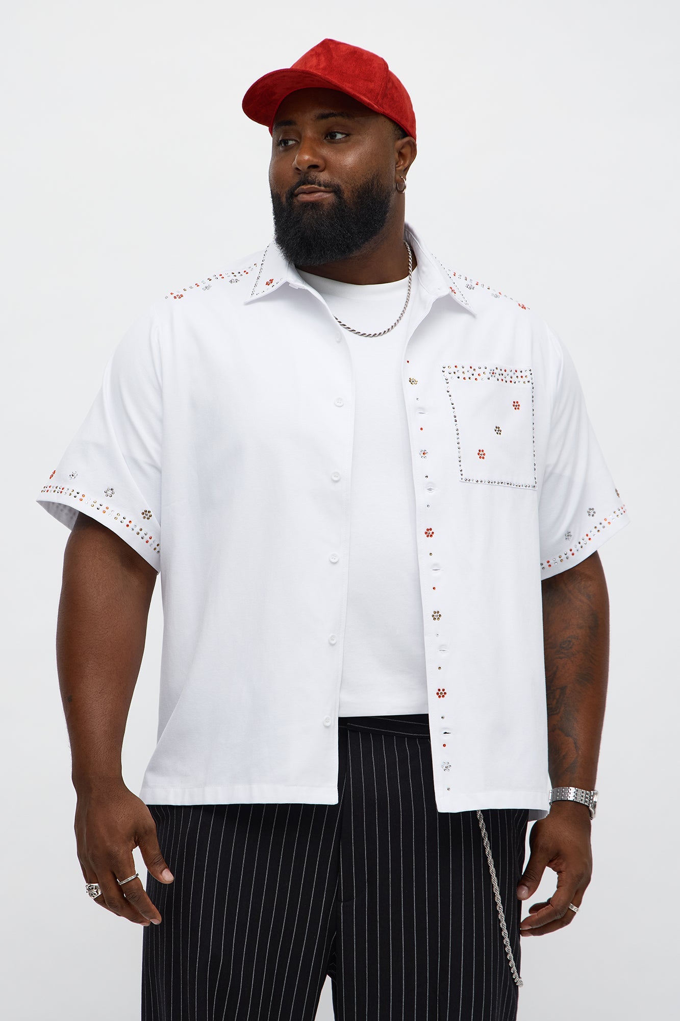 Midnight Blossom Rhinestone Button Up - White