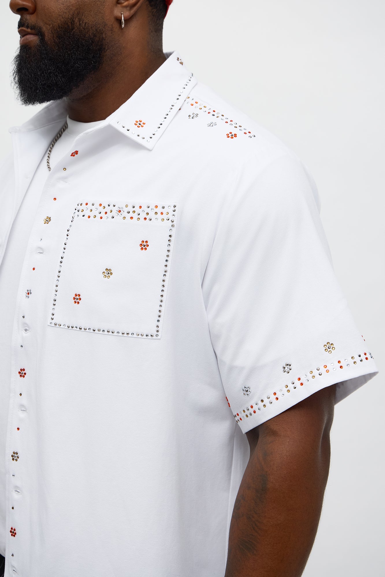 Midnight Blossom Rhinestone Button Up - White
