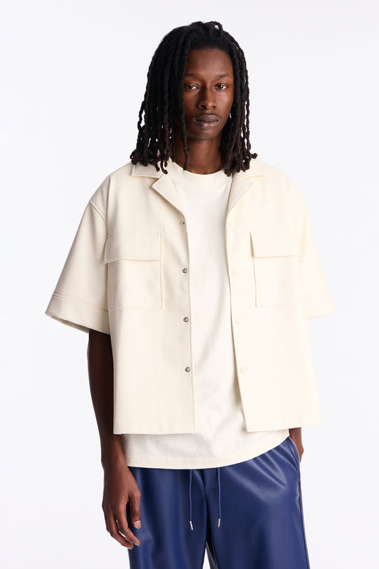 High Stepper Faux Leather Button Up Shirt - Off White
