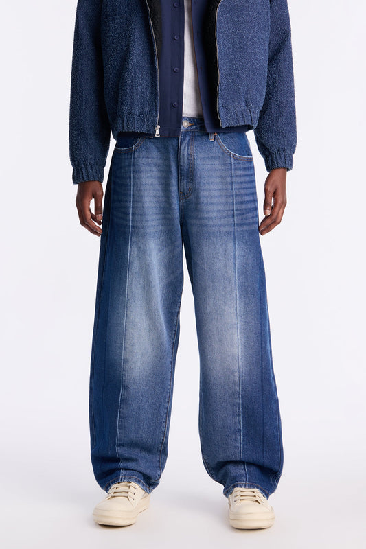 Baggy Faux Pleat Jean - Medium Blue Wash