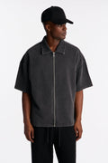 Heavy Wash Oversized Full Zip Polo - Black
