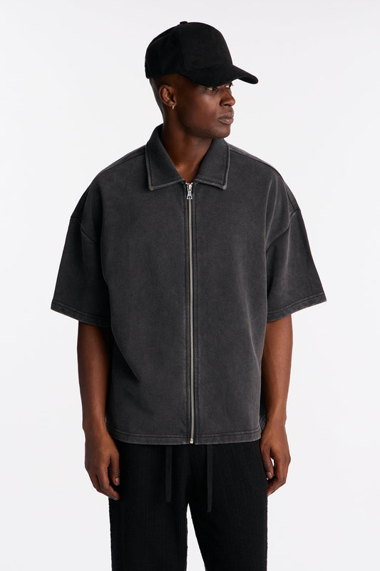 Heavy Wash Oversized Full Zip Polo - Black
